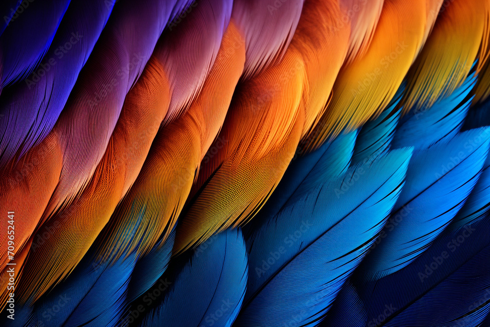 Obraz premium parrot feathers seen under a microscope with exaggerated contrast , soft shadow, volumetric lighting created with Generative Ai