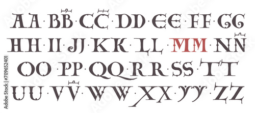 Carolingian Majuscule alphabet. Old Romanesque font from 13th century.  Square Capitals from medieval manuscript. Upper-case lettering, the base for Lombardic capitals. Elegant classic serif font. photo