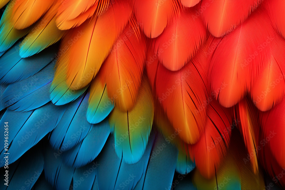 parrot feathers seen under a microscope with exaggerated contrast , soft shadow, volumetric lighting created with Generative Ai - obrazy, fototapety, plakaty 