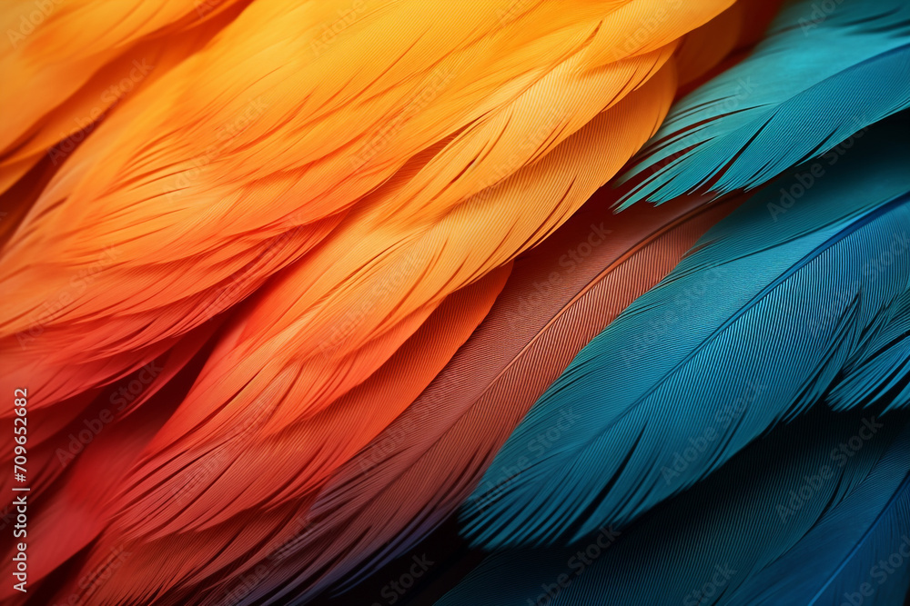 Obraz premium parrot feathers seen under a microscope with exaggerated contrast , soft shadow, volumetric lighting created with Generative Ai