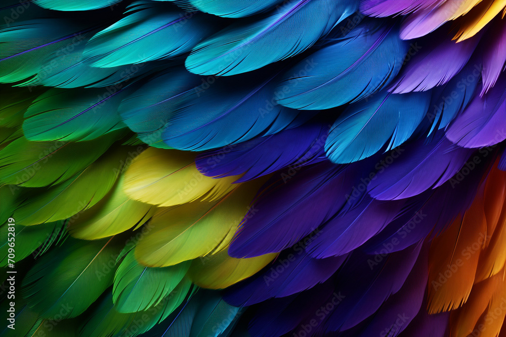 Fototapeta premium parrot feathers seen under a microscope with exaggerated contrast , soft shadow, volumetric lighting created with Generative Ai