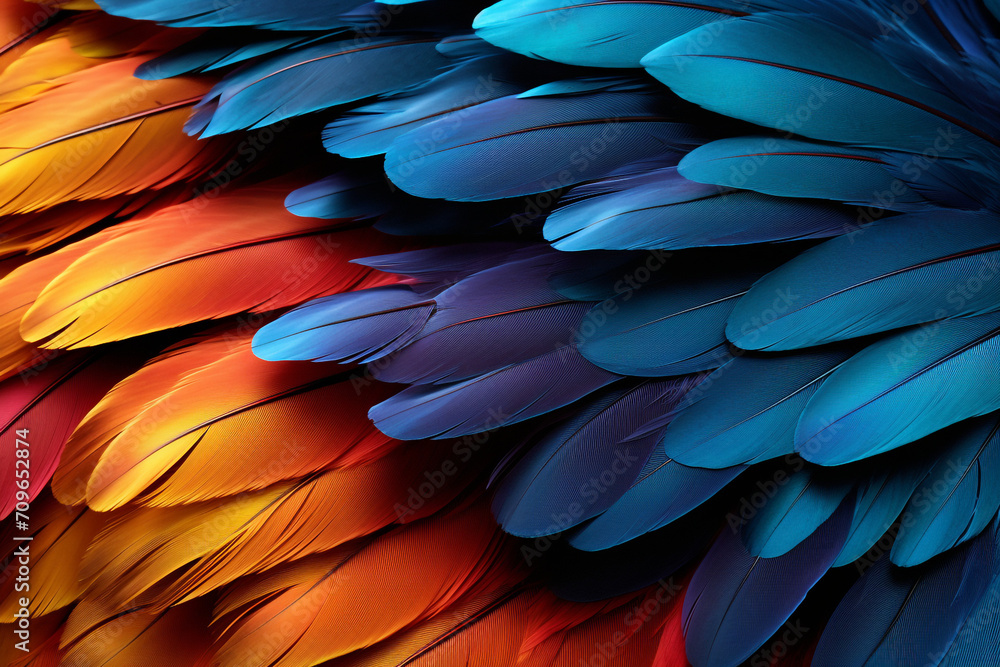 Fototapeta premium parrot feathers seen under a microscope with exaggerated contrast , soft shadow, volumetric lighting created with Generative Ai