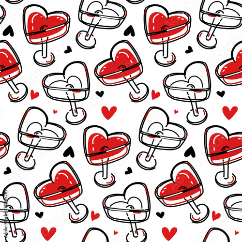 Heart-shaped glasses pattern, top view. Alcohol in glasses wine festival concept, date. Flat vector illustration of a pair of glasses for lovers. Heart, alcohol, packaging. Print Design