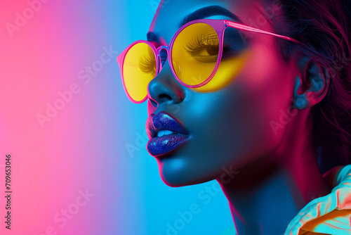 Young African woman standing wearing modern clothes and sunglasses. Portrait of woman lit by neon lights at night. Portrait of trendy fashionable young lady on purple bright background