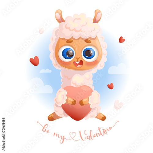 Cute animal Llama Alpaca with heart. Vector illustration romantic valentine in cartoon style.