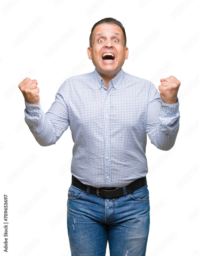 Middle age arab business man over isolated background celebrating surprised and amazed for success with arms raised and open eyes. Winner concept. Middle age arab business man over isolated background celebrating surprised and amazed for success with arms raised and open eyes. Winner concept.
