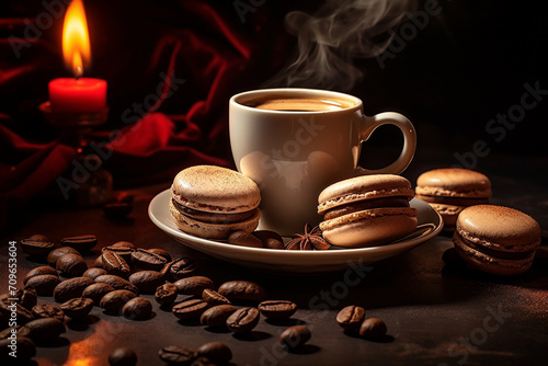 Coffee, macarons, epic, cinematic lighting, hyperrealistic photograph created with Generative Ai