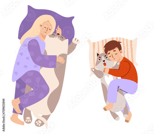 Cute sleeping people with plush toys. Woman with big animal cat pillow and boy kid with husky dog toy. Isolated characters in flat style. Vector illustration.