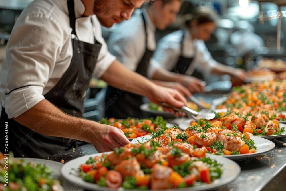 A professional chef in uniform prepares delicious and healthy food in a restaurant kitchen, demonstrating culinary expertise and dedication to his craft. A professional chef in uniform prepares delicious and healthy food in a restaurant kitchen, demonstrating culinary expertise and dedication to his craft.