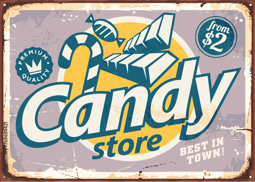 Candy store retro graphic with chocolates and sweets. Sweet food vintage poster on purple background. Candies vector illustration.