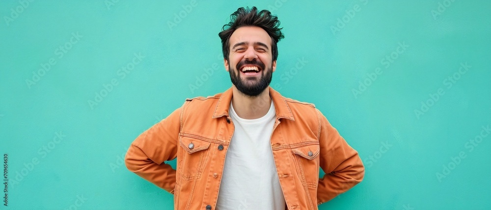 Joyful Laughter: Man in Vibrant Style Against Teal Background. Joyful Laughter: Man in Vibrant Style Against Teal Background.