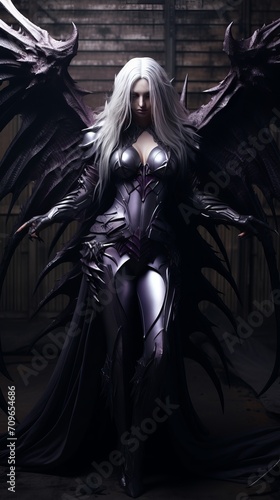 The full body of a woman devil in the hood with horns, long white hair, and large black wings, with bleeding purple eyes, armor dressed, and angry expressions on her face, character fantasy, the devil
