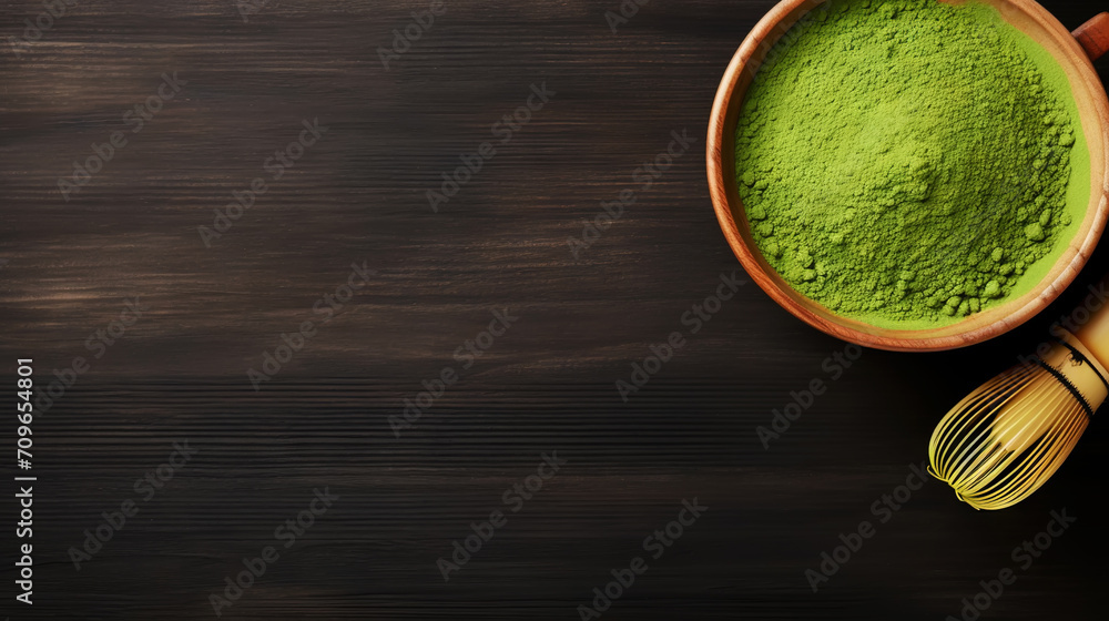 Matcha tea powder in a wooden plate on dark background with whisk, top view, copy space. Generative AI Matcha tea powder in a wooden plate on dark background with whisk, top view, copy space. Generative AI