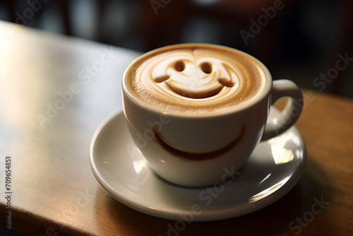 latte art, milk foam forms a smiley face, cinematic lighting, hyperrealistic photograph created with Generative Ai