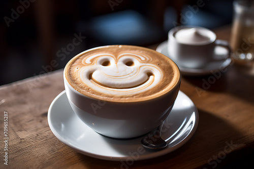 latte art  milk foam forms a smiley face  cinematic lighting  hyperrealistic photograph created with Generative Ai