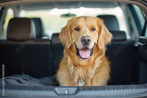 A golden retriever in the trunk of a car. Traveling with a pet, a cute dog in the trunk of a car