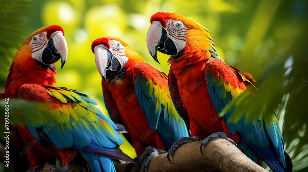 Fototapeta premium Group of colorful macaws engaged in vibrant midday chatter amid lush foliage