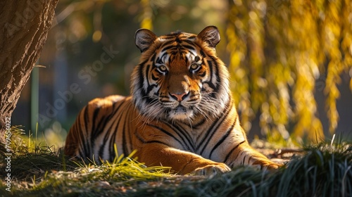 Massive and powerful Bengal tiger  its golden fur shimmering in the dappled sunlight
