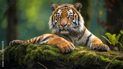 Majestic Bengal Tiger resting on a moss-covered rock in the heart of the jungle