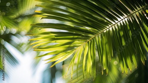 Tropical palm tree with vibrant  oversized leaves swaying in the gentle jungle breeze