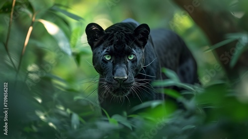 Elegant and agile panther prowling through the dense underbrush with stealth and grac