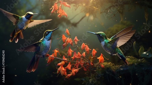 Swarm of hummingbirds feeding on nectar from exotic flowers in a secluded jungle oasis © MagicS