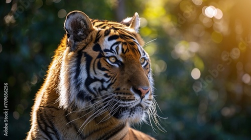Massive and powerful Bengal tiger, its golden fur shimmering in the dappled sunlight