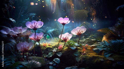 A bioluminescent spectacle as the jungle comes alive with glowing flora and fauna in the mystical twilight © MagicS