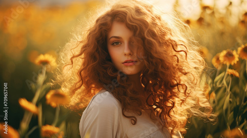 Young woman with curly hair in field of sunflowers in the sun