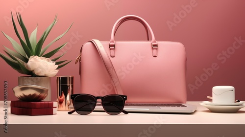 A business, working items and handbag on a desk.