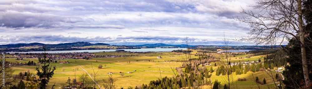 Panoramic view from the German Alps of Schwangau Town and the lake named Forggensee