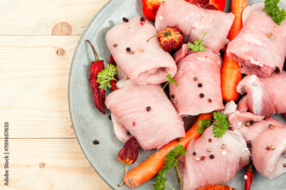 Raw pork meat, steaks. Raw pork meat, steaks.