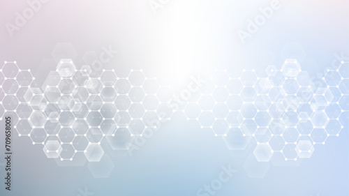 Modern scientific background with hexagons, lines and dots. Wave flow abstract background. Molecular structure for medical, technology, chemistry, science. Vector illustration photo