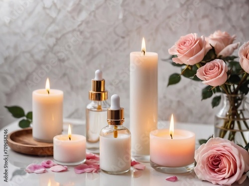 white glass Bottles on the background of the spa room. Skin care serum or natural cosmetics with essential oil, roses on the table and candles 