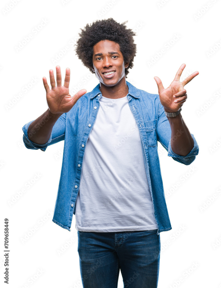 Afro american man over isolated background showing and pointing up with fingers number eight while smiling confident and happy. Afro american man over isolated background showing and pointing up with fingers number eight while smiling confident and happy.