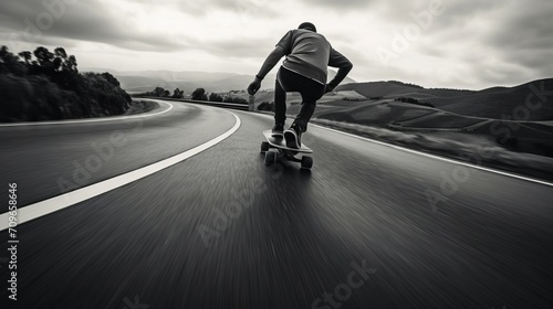 Black and white shot of a guy skating dangerously on the road. Young adult skating through the streets. Modern sports. Proffesional performing a dangerous stunt. Reckless sport. photo
