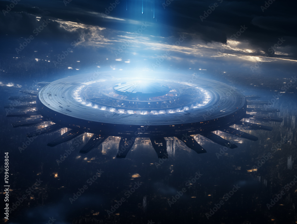 alien spaceship shooting light Huge space station to store big data alien spaceship shooting light Huge space station to store big data