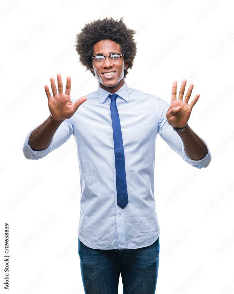 Afro american business man wearing glasses over isolated background showing and pointing up with fingers number nine while smiling confident and happy. Afro american business man wearing glasses over isolated background showing and pointing up with fingers number nine while smiling confident and happy.
