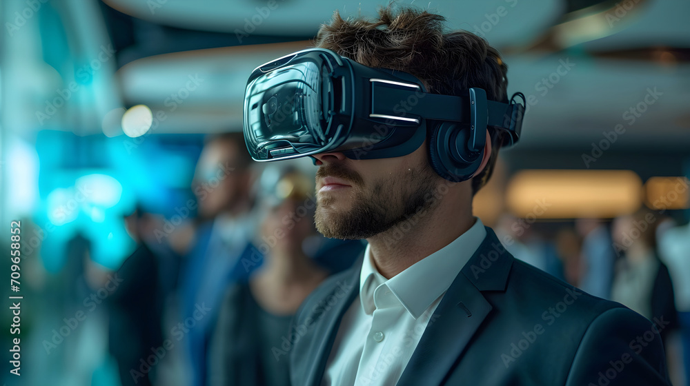 A business man wearing a VR glasses and smiling in company in front of some employees A business man wearing a VR glasses and smiling in company in front of some employees