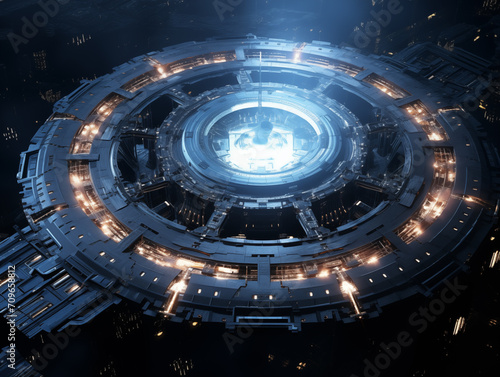 alien spaceship shooting light Huge space station to store big data