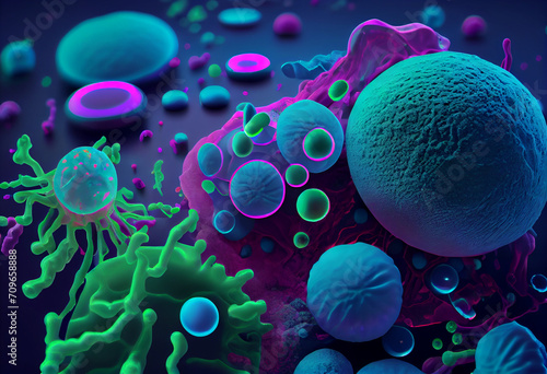Many different bacteria in a blue environment, in the style of magenta and green, medicalcore, photorealistic. 