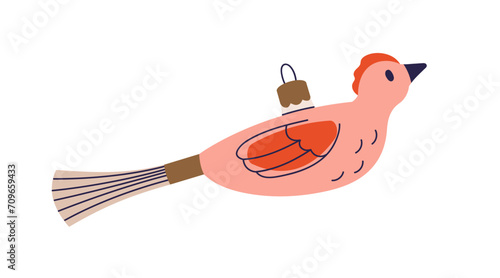 Vintage Christma bauble, bird-shape ornament. Xmas tree decoration, toy. Festive New Year adornment, winter holiday decor in retro 50s style. Flat vector illustration isolated on white background