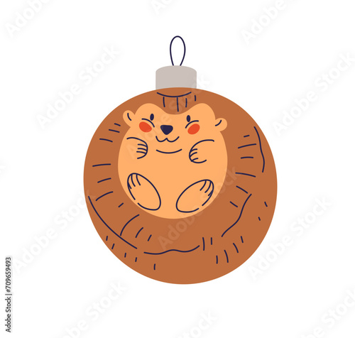 Christmas bauble in vintage style. Retro Xmas ball, holiday tree ornament. Cute funny hedgehog animal in sphere. New Year decoration. Flat vector illustration isolated on white background