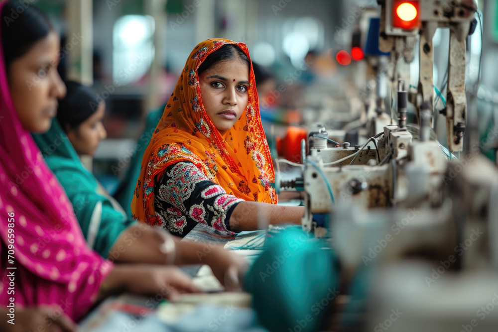 Asian Indian Seamstress In Textile Factory, Skillfully Using Industrial Sewing Machines