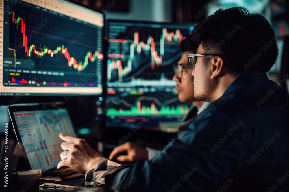 Two Traders Discussing Investment Strategy And Analyzing Charts On Computer Two Traders Discussing Investment Strategy And Analyzing Charts On Computer