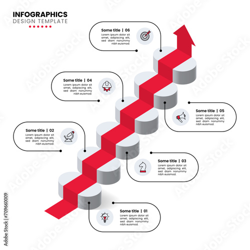Infographic template. Isometric stairs with 6 steps and red carpet