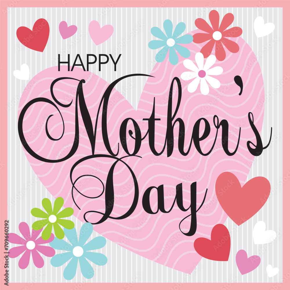 happy mother's day with lettering, hearts and flowers