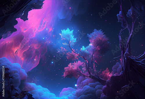 Nebula in dark blue whit stars and galaxies, in the style of ethereal cloudscapes, light cyan and magenta.