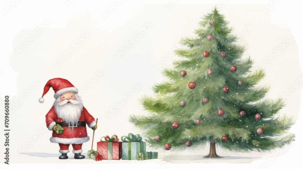 Fototapeta premium A Christmas watercolor illustration of Santa with Christmas tree. Cute Santa Claus on white background.