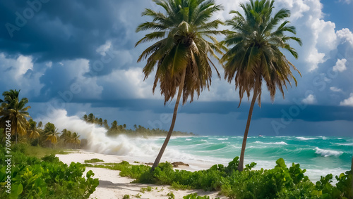 Strong wind tropical storm palm trees, ocean shore © tanya78